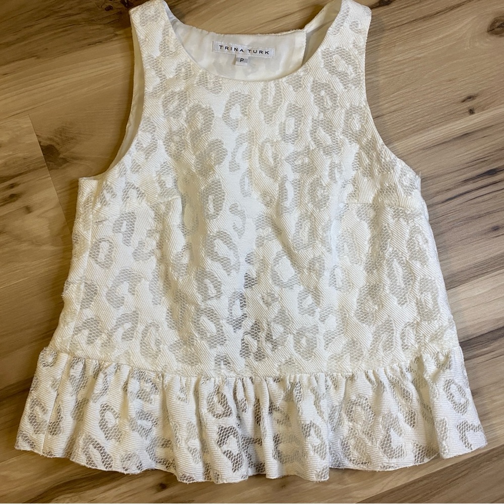 Trina Turk White Leopard‎ Lace Peplum Top Open Back Sleeveless Size P Small